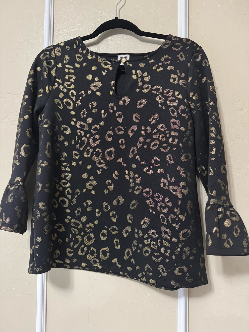 Anne Klein Black Blouse with Metallic Gold Leopard Print